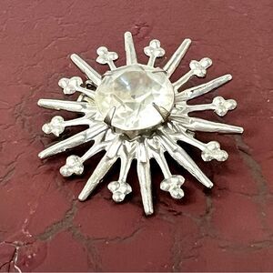 Vintage Starburst Brooch with Large Clear Rhinestone Mid-Century Costume Jewelry